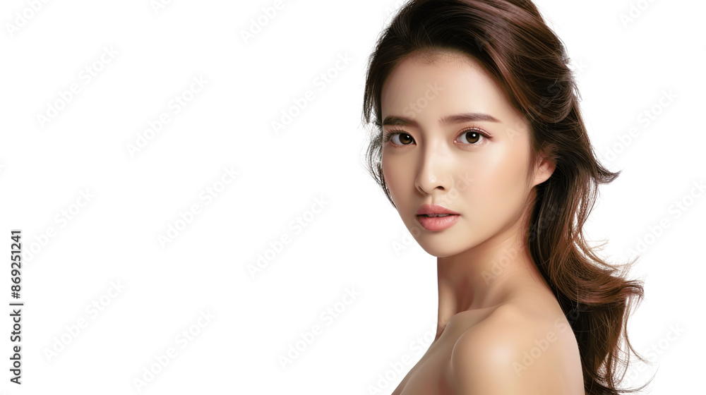 Portrait of a beautiful young woman with long brown hair and flawless skin. She is looking at the camera with a soft expression. Portrait of a beautiful young woman with long brown hair and flawless skin. She is looking at the camera with a soft expression.