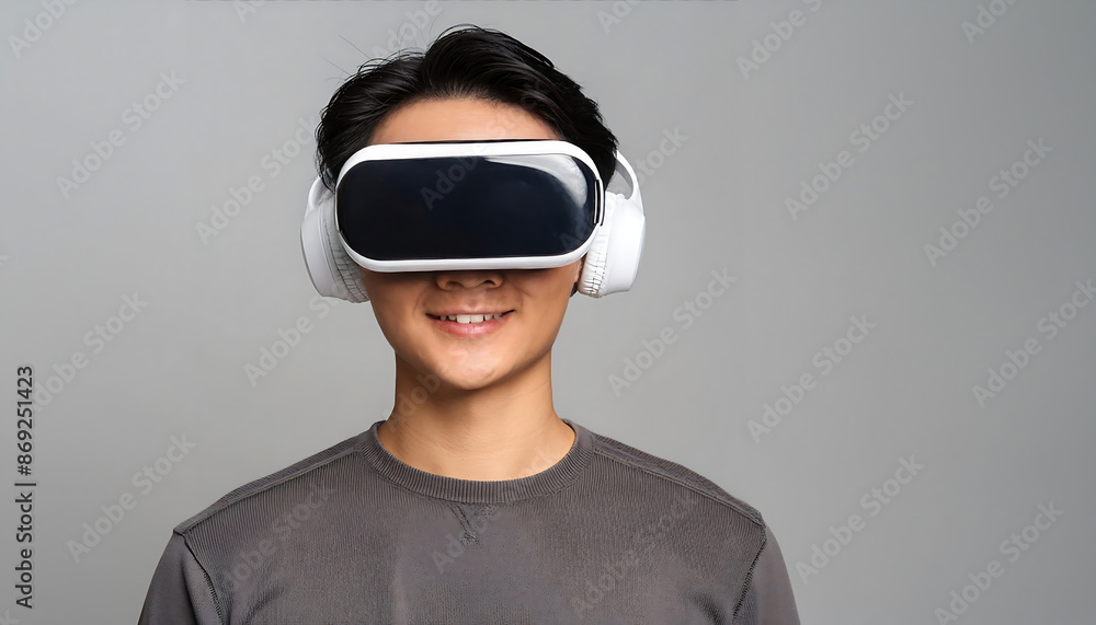 Young Man Wearing VR Goggles Immersed in Virtual Reality Young Man Wearing VR Goggles Immersed in Virtual Reality