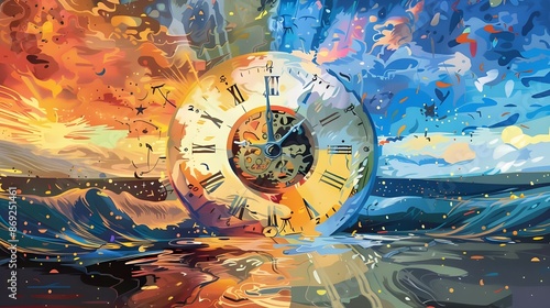 Wallpaper Mural Time clock modern fine artwork background. Abstract surreal ocean wave sunset sky fantasy landscape. Stylish 3d digital artwork watercolor illustration. Time theory, nature, daylight saving concept . Torontodigital.ca