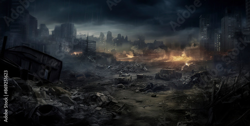 A desolate cityscape with a large pile of rubble and a few people scattered around. Scene is bleak and desolate