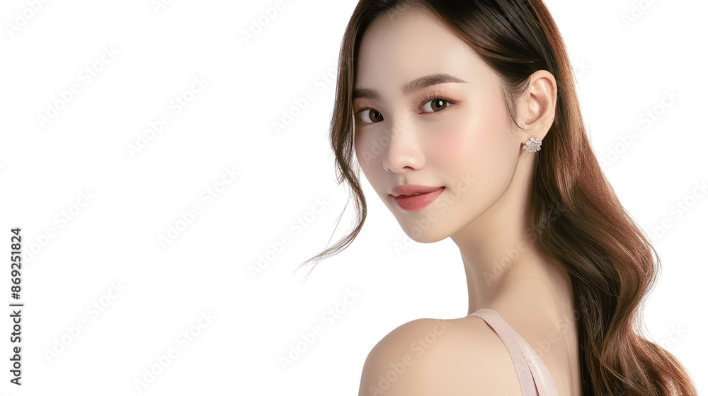 A young woman with long dark hair looks at the camera with a soft smile. Her skin is smooth and her eyes are bright.