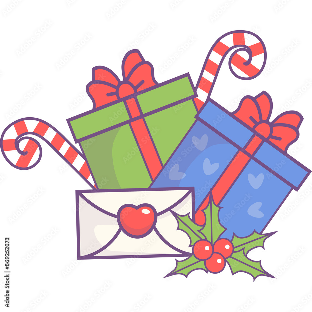 Christmas gifts, holly, letter and striped candy Christmas gifts, holly, letter and striped candy