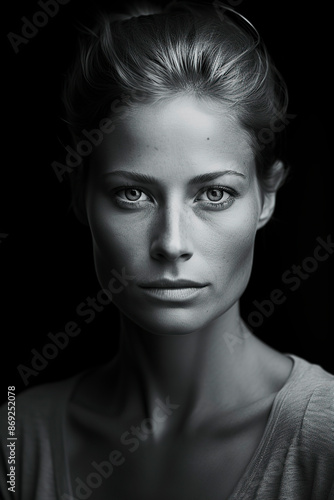 Black and white close-up portrait of a woman with a serious expression on a dark background. Studio photography