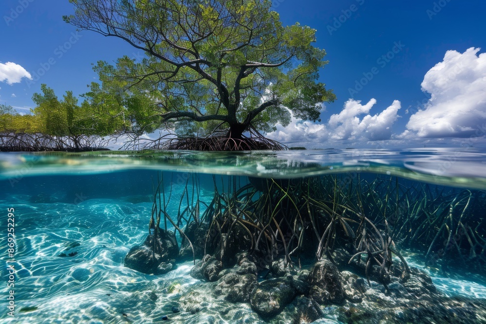Mangrove trees' intricate roots extend both above and below the water surface, creating a mesmerizing natural pattern Ideal for environmental themes and coastal landscapes Mangrove trees' intricate roots extend both above and below the water surface, creating a mesmerizing natural pattern Ideal for environmental themes and coastal landscapes