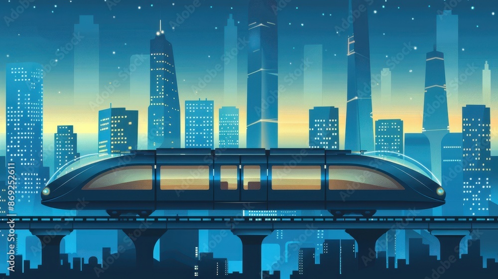 Futuristic city skyline with a high-speed train traveling on an ...