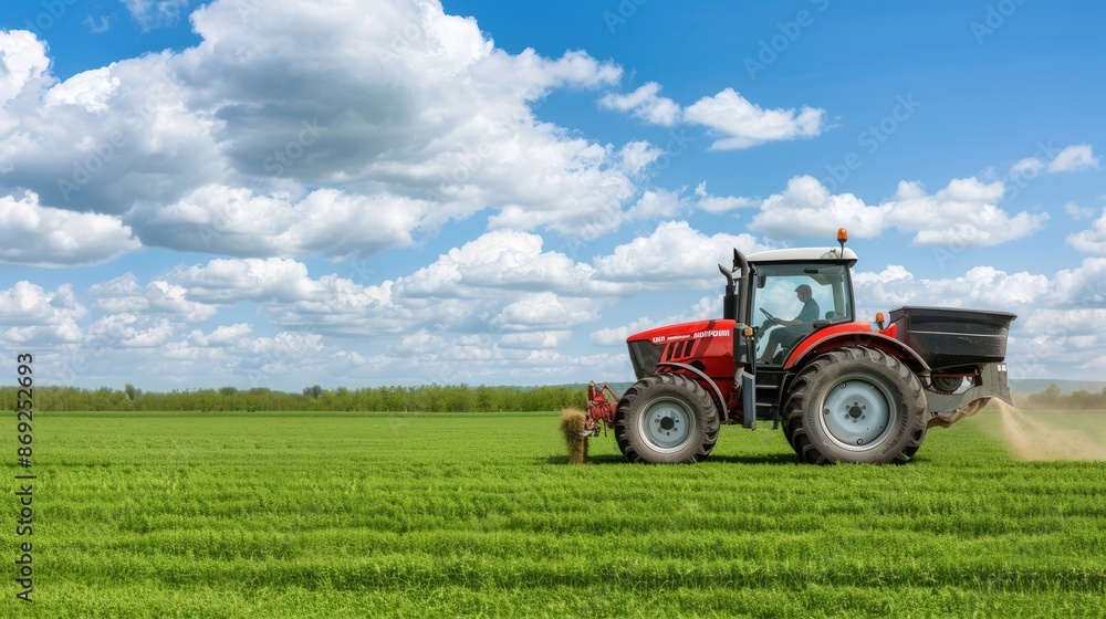 A red tractor with a rear-mounted cultivator works a field at sunset A red tractor with a rear-mounted cultivator works a field at sunset