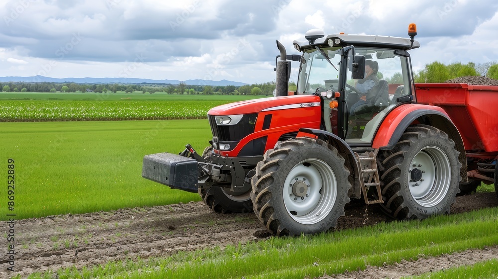 A red tractor with a rear-mounted cultivator works a field at sunset A red tractor with a rear-mounted cultivator works a field at sunset