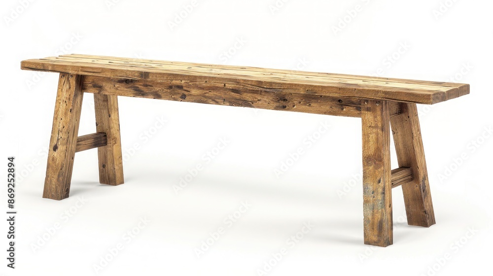 A rustic wooden dining bench with a distressed finish and sturdy legs, perfect for a farmhouse-style kitchen, isolated on a pure white background. A rustic wooden dining bench with a distressed finish and sturdy legs, perfect for a farmhouse-style kitchen, isolated on a pure white background.