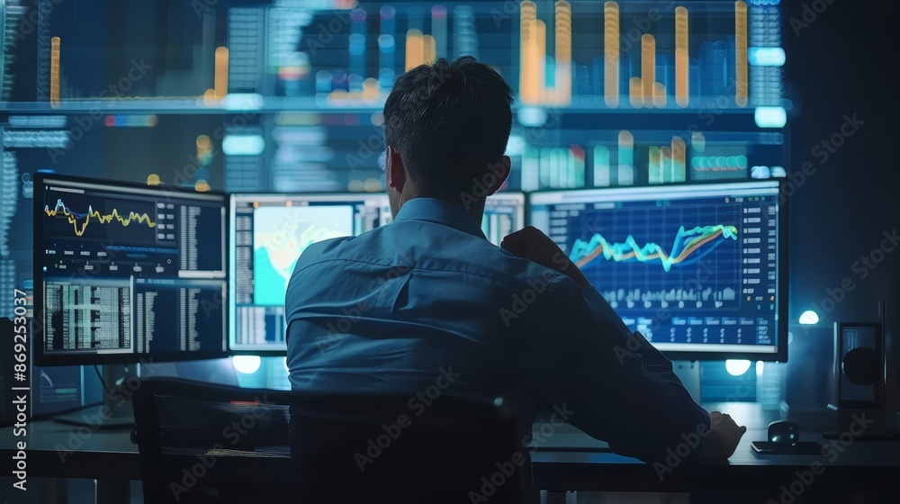 Fototapeta premium A businessman analyzes financial data on multiple computer screens in a dimly lit office.
