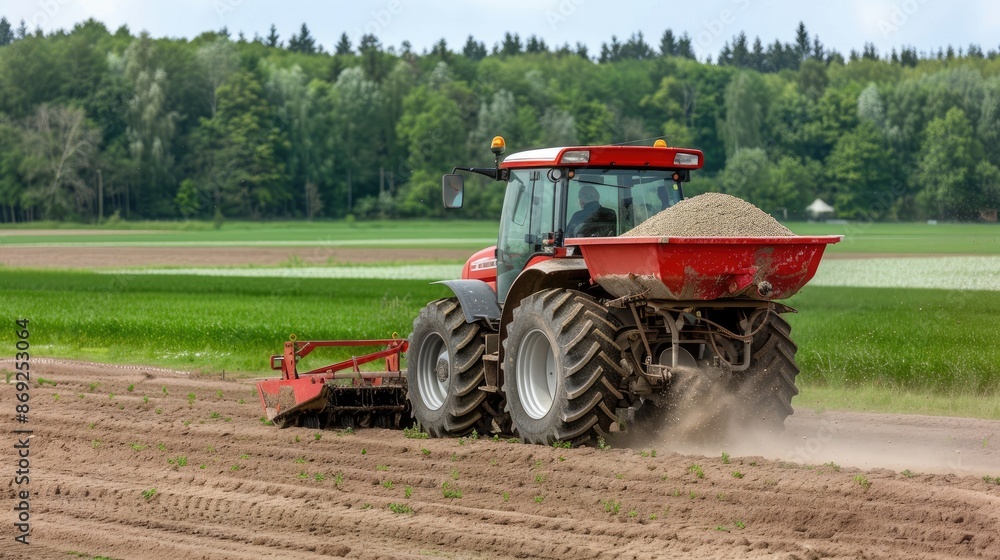 Obraz premium A red tractor with a rear-mounted cultivator works a field at sunset
