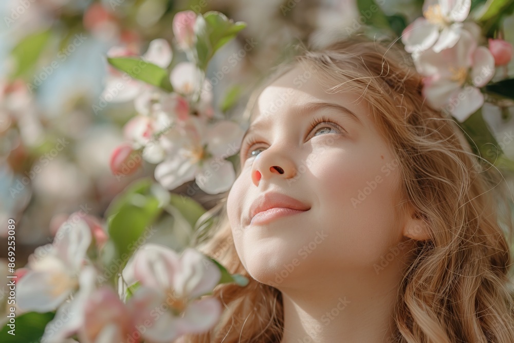 A young girl gazes up, surrounded by soft pink and white spring blossoms basking in sunlight A young girl gazes up, surrounded by soft pink and white spring blossoms basking in sunlight