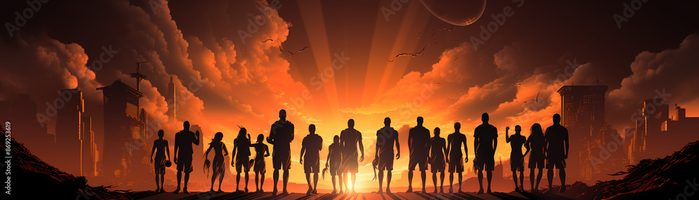 Fototapeta premium Silhouettes of a basketball team celebrating under the lights, with shadows creating an intense atmosphere, Celebratory, Warm Hues, Digital Illustration