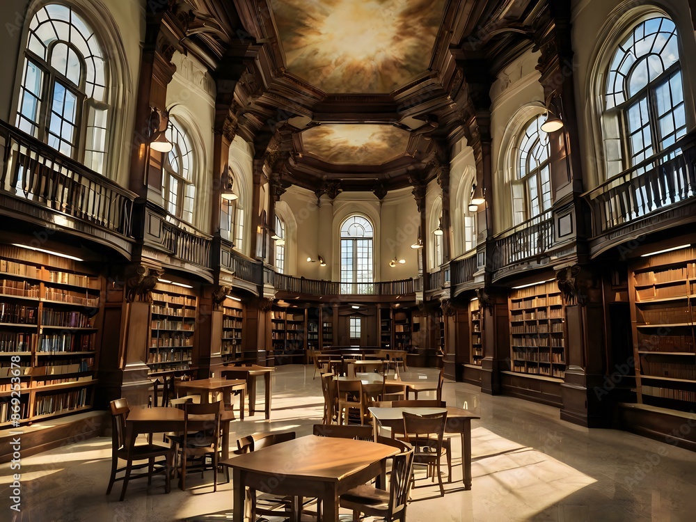 A large and luxurious library with tables and chairs with a large fireplace in the center A large and luxurious library with tables and chairs with a large fireplace in the center