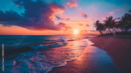 Vibrant Sunset over Tropical Beach with Palms and Waves at Dusk