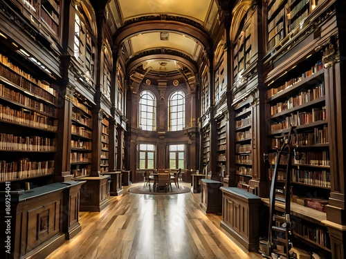 Wallpaper Mural A large and luxurious library with tables and chairs with a large fireplace in the center Torontodigital.ca