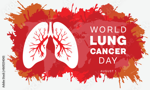 World Lung Cancer Day design. It features a pair of lungs on red splash paint background. Vector illustration