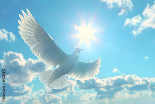 Graceful Bird Gliding Under Pristine Blue Sky with Fluffy White Clouds, Embracing Freedom and Tranquility © Mitchell