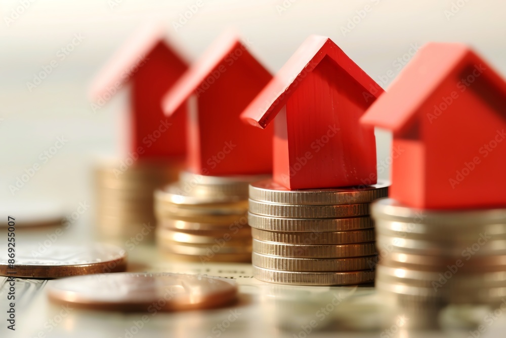 Four red house models stacked on coins, symbolizing real estate investment, home financing, mortgage, and property market concepts. Four red house models stacked on coins, symbolizing real estate investment, home financing, mortgage, and property market concepts.