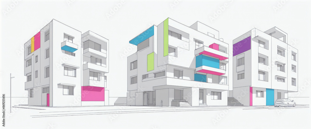 Fototapeta premium Clear and graphic depiction of a apartment complex consisting of dark lines and colored areas in an artistic architectural style