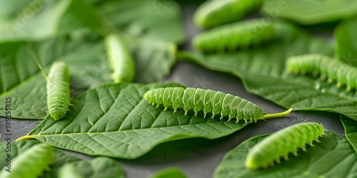 Silkworms create silk cocoons by spinning mulberry leaves. Concept Silkworms, Silk Production, Mulberry Leaves, Silk Cocoons, Silk Industry