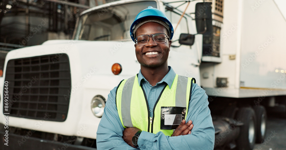 Man, portrait and outdoor at factory with confidence for logistics, gear for safety and happy for health. Male driver, smile and outside warehouse with semi truck for supply chain, job with transport Man, portrait and outdoor at factory with confidence for logistics, gear for safety and happy for health. Male driver, smile and outside warehouse with semi truck for supply chain, job with transport