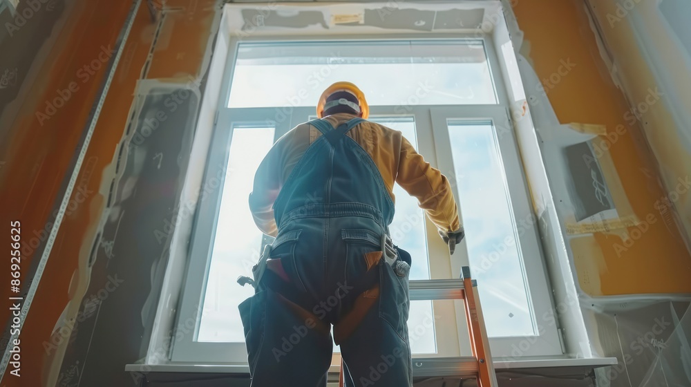 Workman in overalls installing or adjusting plastic windows in the living room at home Workman in overalls installing or adjusting plastic windows in the living room at home