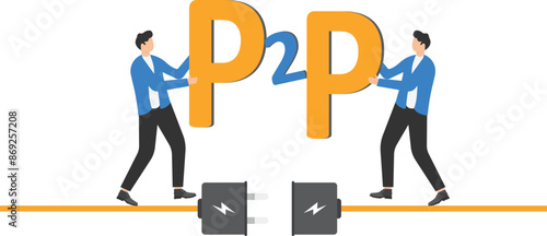 Peer to peer business communication, P2P banner. Concept of distributed economy, one-rank fintech relationships.

