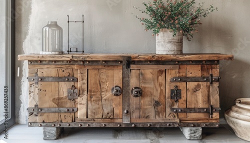 A rustic spruce wood sideboard with iron accents, standing against a light grey luxury house wall. photo