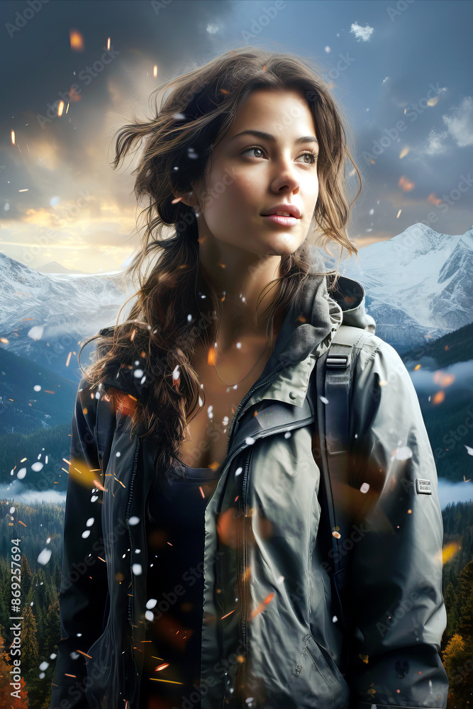 Obraz premium A young woman in a jacket, looking confidently into the distance, with snowy mountains in the background.