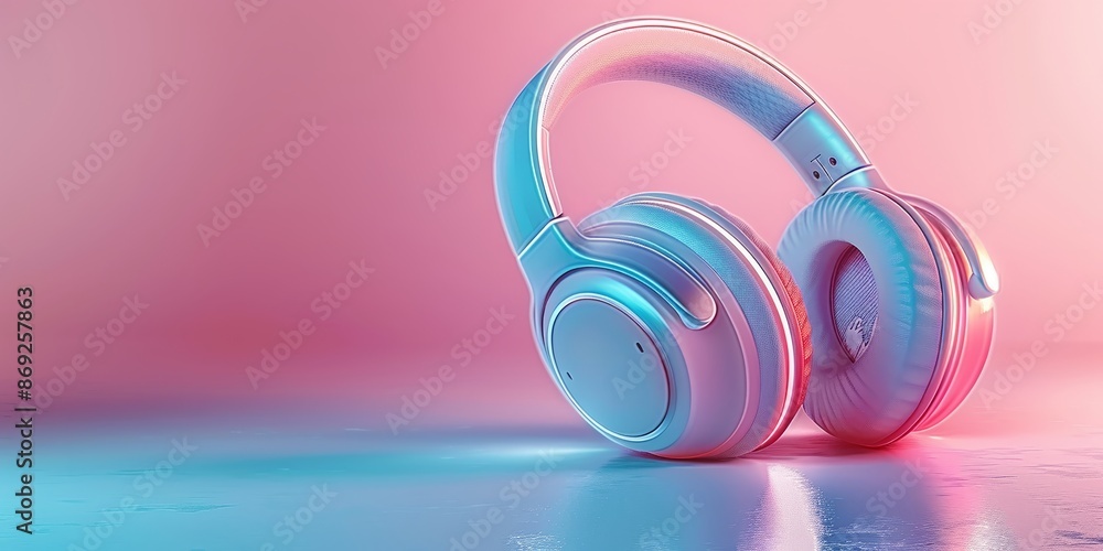 Stylish Modern Headphones in Neon Pink and Blue Lighting Reflecting on a Glossy Surface Stylish Modern Headphones in Neon Pink and Blue Lighting Reflecting on a Glossy Surface