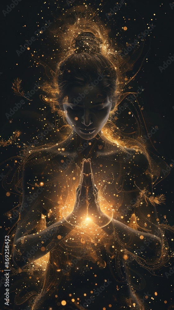 Woman surrounded by golden cosmic energy in prayer. Woman surrounded by golden cosmic energy in prayer.