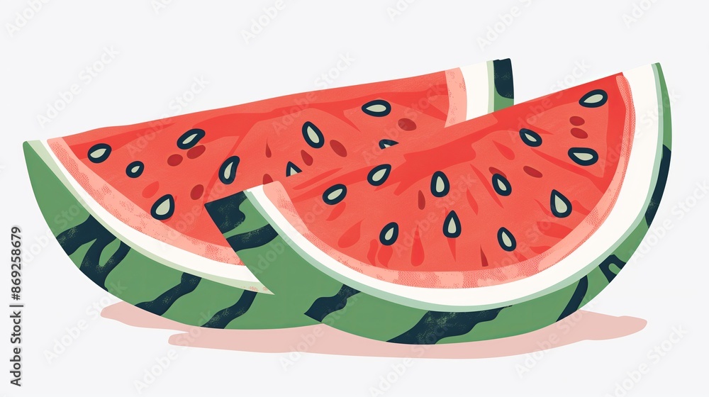 A flat style illustration of a sliced watermelon on a white background. The watermelon slices are A flat style illustration of a sliced watermelon on a white background. The watermelon slices are