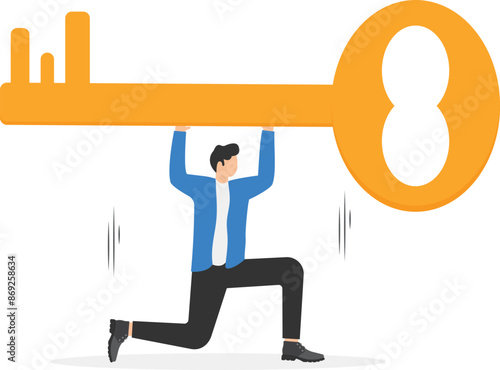 Tired businessman lift big heavy key. Entrepreneur cannot open way to success. Business person holding giant key for problem solution. Employee cannot overcome obstacles in work and achieve goals.
