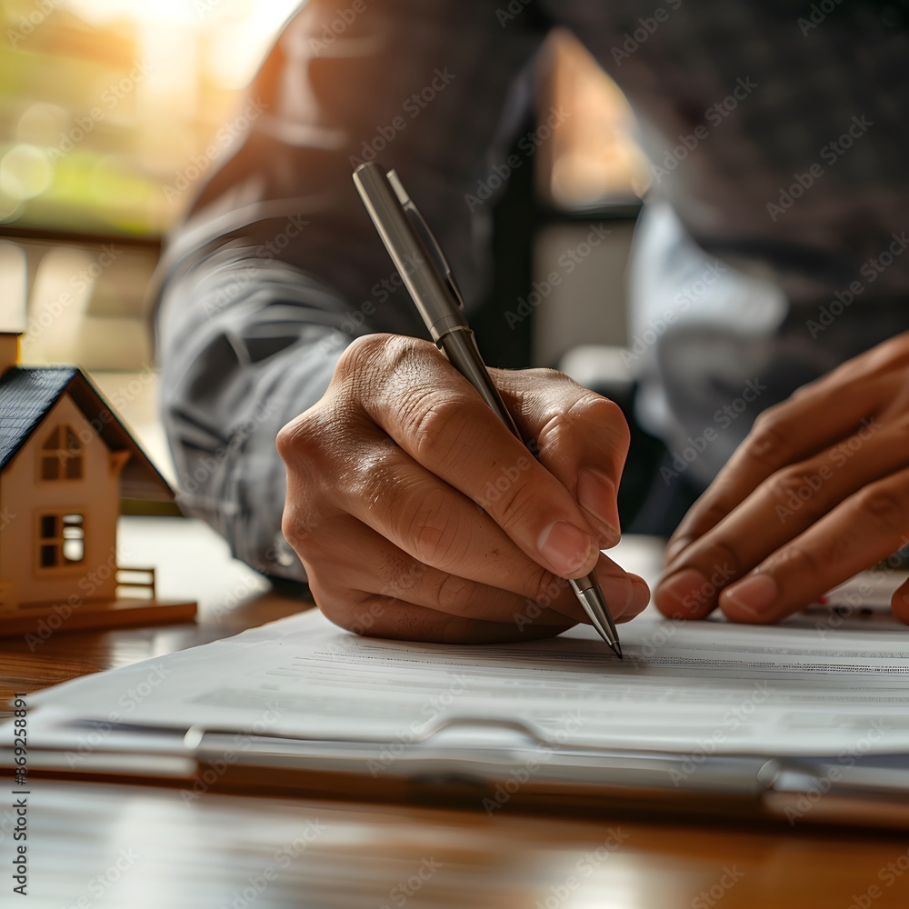 Close up of a businessman's hand holding a pen signing a house contract