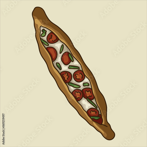 Hot Turkish pide with tomatoes and greens