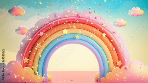 A playful rainbow background with bold, vivid colors arranged in a perfect arc, set against a soft gradient sky and embellished with whimsical details like floating clouds and sparkling stars,