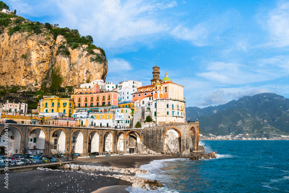 Amalfi coast, Italy. Beautiful view of Atrani town with colorful architecture at sunset.