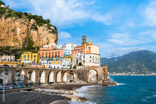 Obraz na płótnie Amalfi coast, Italy. Beautiful view of Atrani town with colorful architecture at sunset. w salonie