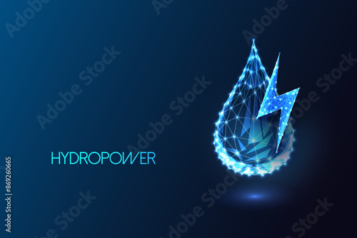 Hydropower potential as sustainable energy source futuristic concept. Water drop and lightning 