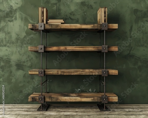 A rustic pine wood bookshelf with iron accents, standing against a deep olive green luxury house wall.