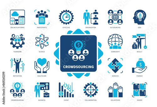 Crowdsourcing icon set. Participants, Idea, Online Platforms, Cheap, Volunteers, Collaboration, Result, Organization. Duotone color solid icons