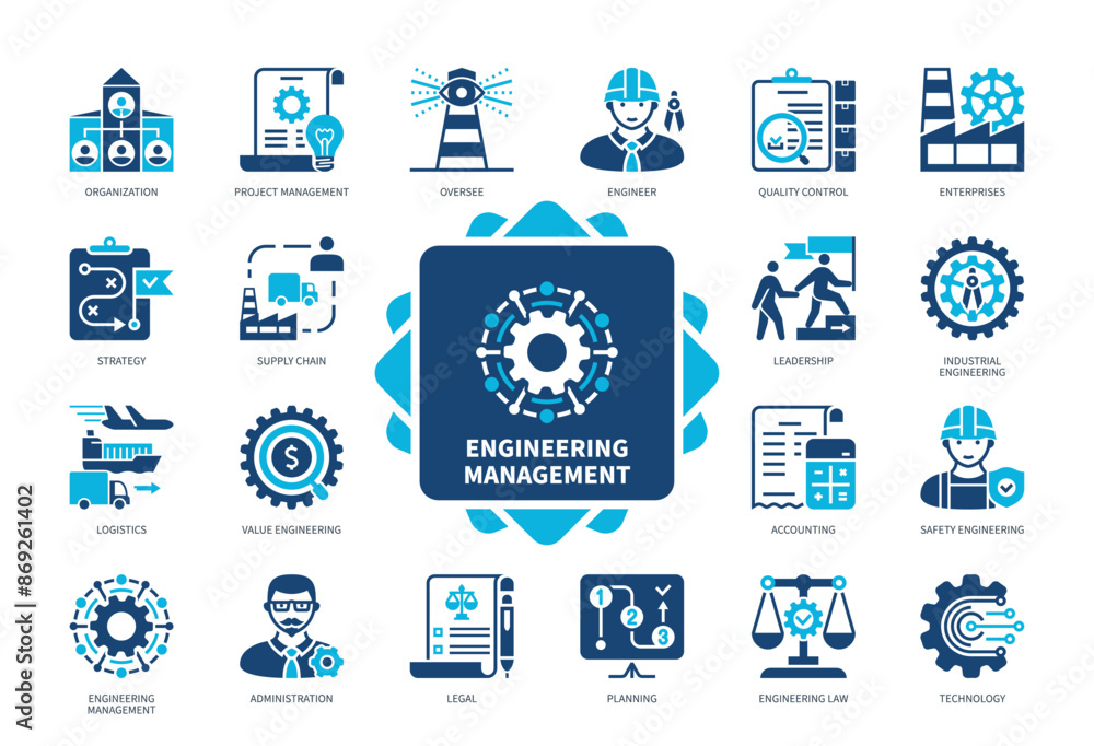 Engineering Management icon set. Engineer, Enterprises, Supply Chain, Quality Control, Administration, Planning, Logistics, Value Engineering. Duotone color solid icons Engineering Management icon set. Engineer, Enterprises, Supply Chain, Quality Control, Administration, Planning, Logistics, Value Engineering. Duotone color solid icons