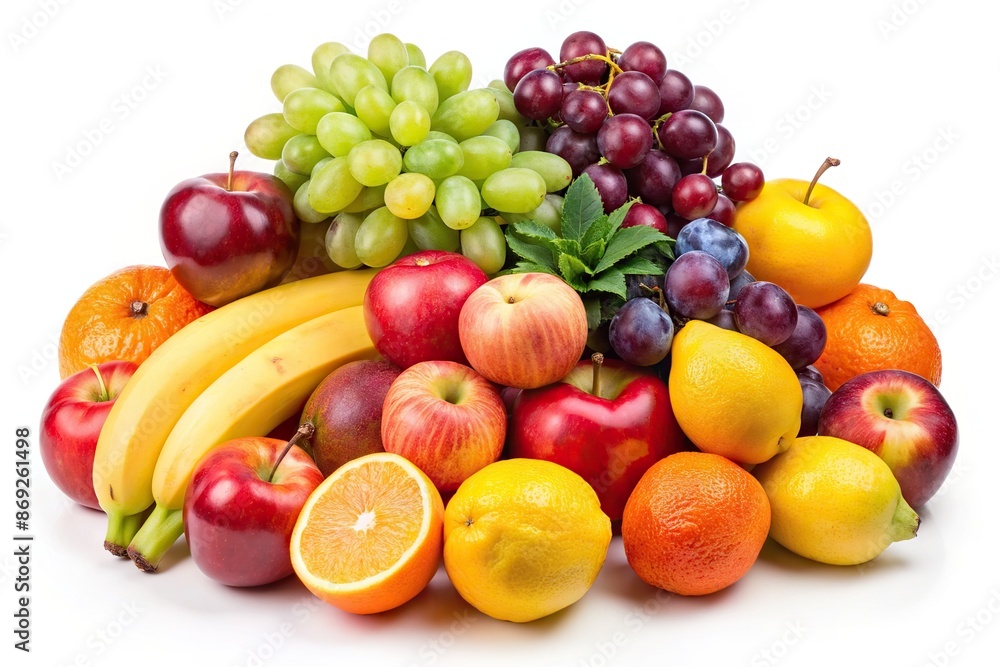 Colorful arrangement of freshly picked ripe fruits including juicy apples, oranges, grapes, and bananas isolated on a clean white studio background. Colorful arrangement of freshly picked ripe fruits including juicy apples, oranges, grapes, and bananas isolated on a clean white studio background.