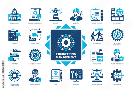 Engineering Management icon set. Engineer, Enterprises, Supply Chain, Quality Control, Administration, Planning, Logistics, Value Engineering. Duotone color solid icons