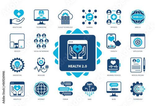 Health 2.0 icon set. Telemedicine, Cloud Technology, eHealth, Medical Record, Forum, Blog, Patients, Medicare. Duotone color solid icons
