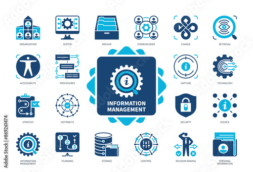 Information Management icon set. Stakeholders, Procedures, Source, Capture, Retrieval, Distribute, Control, Accessibility, Organization. Duotone color solid icons