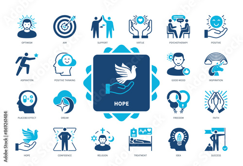 Hope icon set. Optimism, Positive Thinking, Virtue, Freedom, Confidence, Aspiration, Faith, Good Mood, Success. Duotone color solid icons