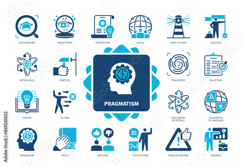 Pragmatism icon set. Epistemology, Prediction, Philosophy, Action, Theory, Practice, Criticism, Metaphysics. Duotone color solid icons