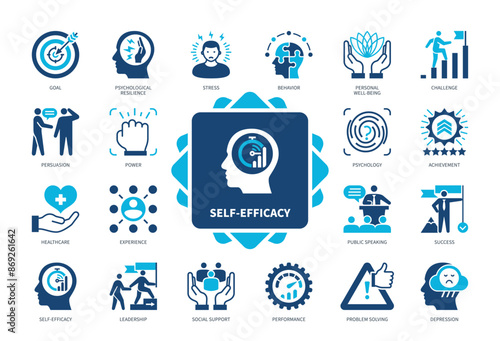 Self-Efficacy icon set. Goal, Experience, Social Support, Leadership, Performance, Achievement, Persuasion, Success. Duotone color solid icons