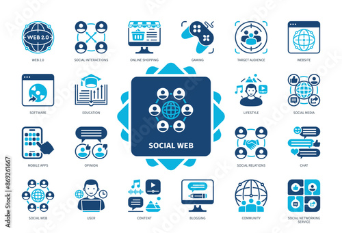 Social Web icon set. Blogging, Community, Mobile Apps, Content, Social Relations, Website, Education, User. Duotone color solid icons